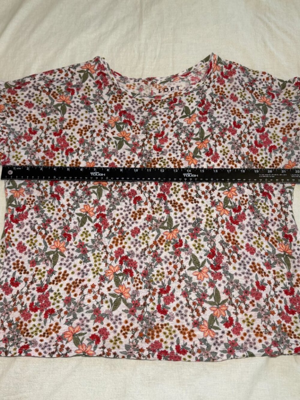 Loft Linen Short Sleeve Blouse Womens L Floral Red Pink Green Orange Flutter EUC - Picture 7 of 8